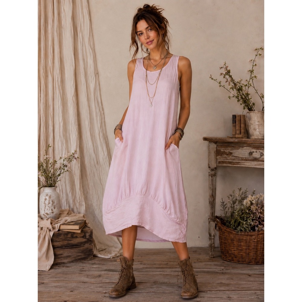 Linen Lagenlook Bubble Hem Dress Pink Coastal Grandma Boho Artsy Cottagecore